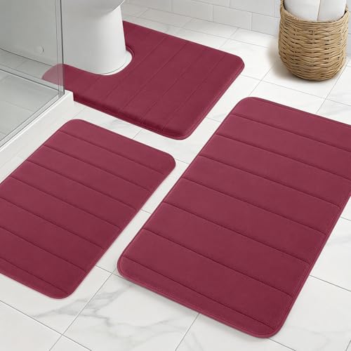 Bathroom Rugs Sets 3 Pieces Thicker Memory Foam Bath Mat with Non Slip Backing, Machine Wash, Dries Quickly, Ultra Soft Wine Red Bath Carpet with Toilet Rug for Bathroom,Kitchen,Tub - color: Wine Red, size: 31" X 19" + 23" X 15" + U19" X 15"