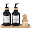 Zopeal 4 Pcs 16 oz Kitchen Soap Dispenser Set with Bamboo Tray and Dish Brush Plastic Soap Dispenser Set with Waterproof Labels for Hand Dish Lotion(Frosted Black) - color: Frosted Black
