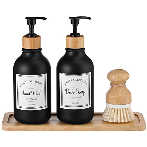Zopeal 4 Pcs 16 oz Kitchen Soap Dispenser Set with Bamboo Tray and Dish Brush Plastic Soap Dispenser Set with Waterproof Labels for Hand Dish Lotion(Frosted Black) - color: Frosted Black