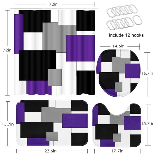 Purple Geometric Shower Curtain Set with Toilet Lid Cover and Non-Slip Rugs for Bathroom, Grey Black White Checkered 4 Pcs Shower Curtain, Abstract Modern Bathroom Set with 12 Hooks - color: Abstract Geometric Purple