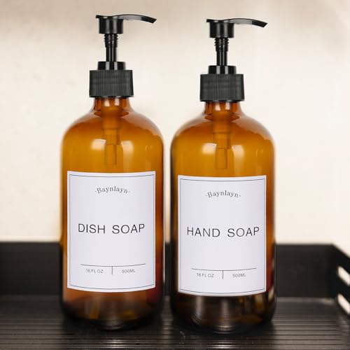 Amber Glass soap Dispenser with Anti-Rust Pump. Refillable Kitchen and Bathroom soap Dispenser for Dish soap, Hand sanitiser, Shampoo, Conditioner, Lotion, Shower Gel Conditioner 16 oz 2pack