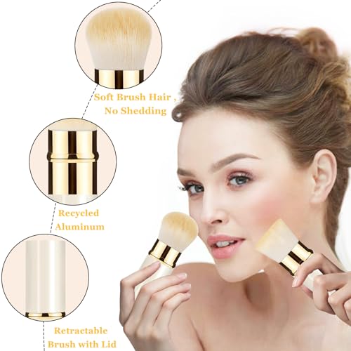 Retractable Kabuki Makeup Brush 2 Pack, Travel Powder Makeup Brush | Face Blush Brushes for Blending Liquid, Blush, Bronzer, Buffing, Foundation, Flawless Cosmetics, with Aluminum Handle, Cover - color: White