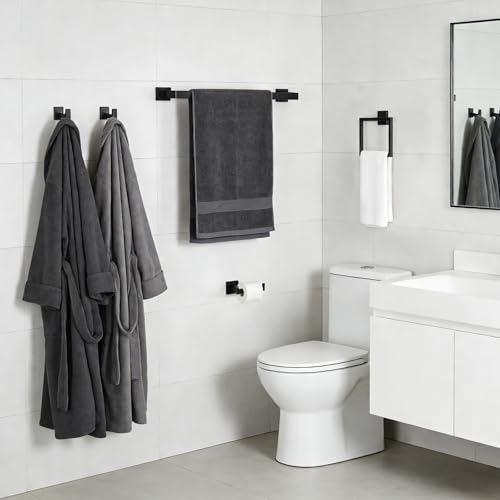 5-Pieces Wall Mount Bathroom Accessories Bathroom Hardware Set,23.6 Inch Stainless Steel Waterproof Towel Bars,Toilet Paper Holder with Shelf,Towel Ring,Coat Hook,Matte Black 5PC - Rectangle - color: Matte Black 5pc - Rectangle