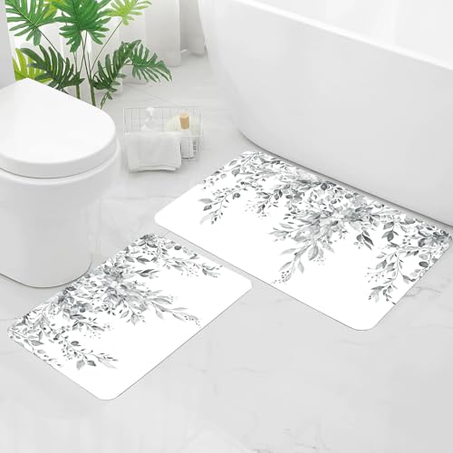 Gibelle Eucalyptus Leaves Bath Mat Rug Set 2 Piece, Super Absorbent Quick Dry Bathroom Rug Set, Non Slip Rubber Backed Bathroom Floor Mat for Tub Shower Sink (17"x24"+20"x32", Grey) - color: A005, size: 17" x 24" + 20" x 32"