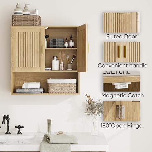 Fluted Bathroom Cabinet,Bathroom Wall Cabinet with Adjustable Shelves,Wooden Wall Storage Cabinet for Bathroom,Kitchen,Living Room,Bedroom