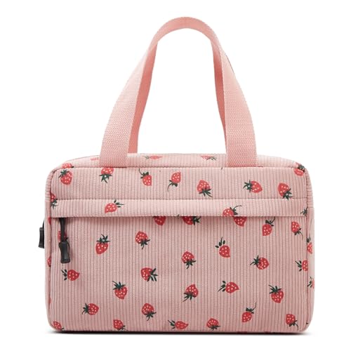 Large Makeup Bag for Women Corduroy Cosmetic bag Make up Bags Zipper Pouch with handle Cosmetic Organizer Toiletry Bag for Travel Storage - color: 6-Pink Strawberry