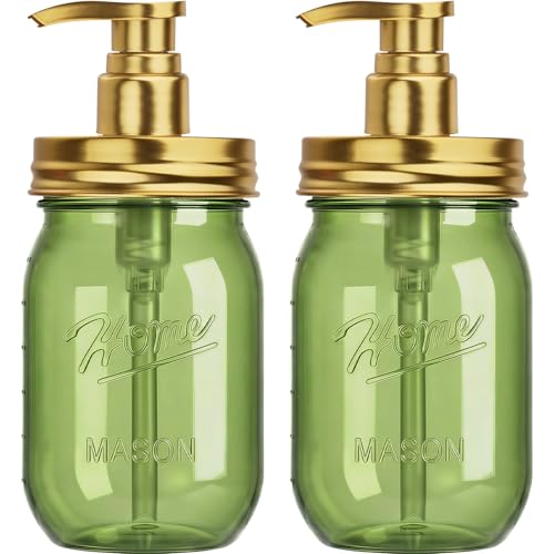 Amolliar Plastic Mason Jar Soap Dispenser with Pump Lid,16OZ Refillable Hand Soap Dispenser Set with Cute Lables - Farmhouse Decor for Kitchen Bathroom, Liquid Soap, Dish Soap, Lotion (2 Pack, Green) - color: Green Jar With Gold Pump