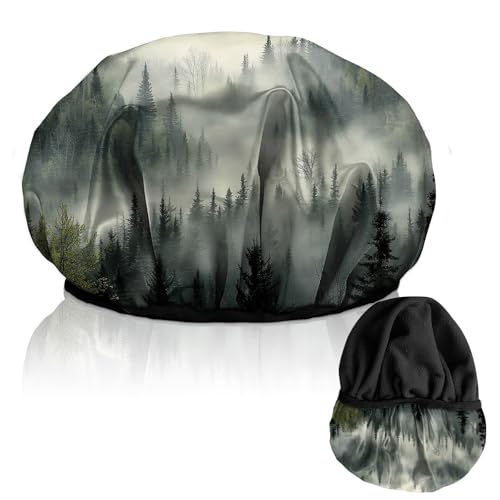 Luxury Shower Cap Terry Lined Reusable Triple Layer Waterproof Hair Elastic Caps Shower Bath Hat for Women Girls Cute Aesthetic-Cloud Forest - color: AL15-Cloud Forest