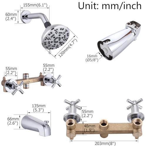 2 Handles Shower Faucet Set with Tub Spout Bathtub Shower Faucet Combo Set Shower System Complete Tub and Shower Trim Kit Wall Mounted Shower Fixtures Chrome - color: Chrome, style: 2 Handles