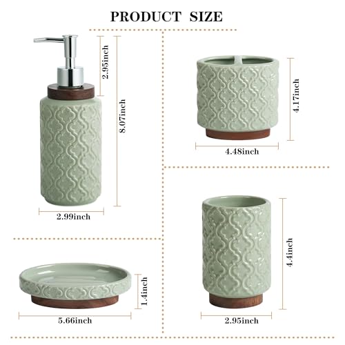 RQYIXI 4 Piece Bathroom Accessories Set, Green Ceramic Bath Accessory Set with Wood Accents, Soap Dispenser, Toothbrush Holder, Tumbler and Soap Dish, Elegant Bathroom Countertop Decor - color: Green