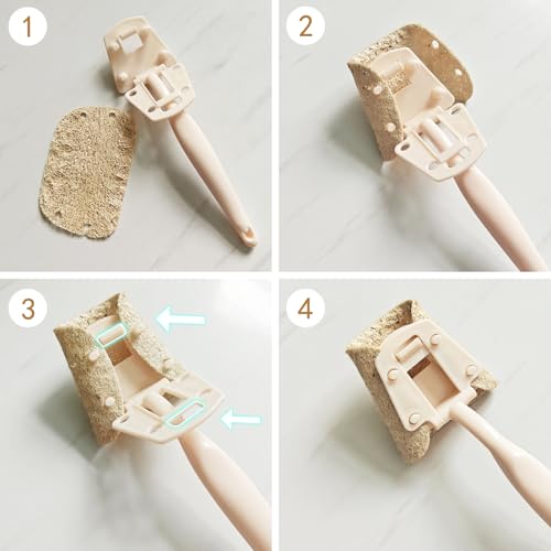 Natural Loofah Sponge with Handle, 5-Piece Replaceable Eco Sponges for Cleaning, Non-Scratch Scrubber for Dishwashing Cookware Pans, Kitchen Eco-Friendly Tools (10)