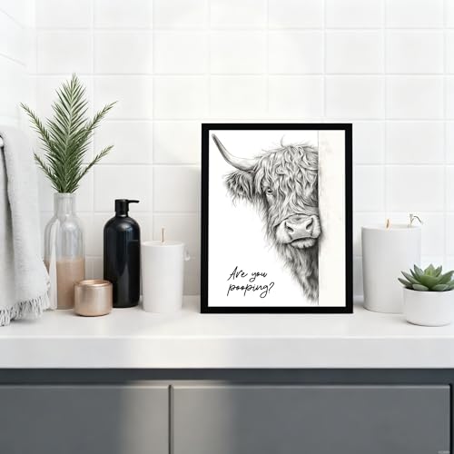 Urmoya Black and White Funny Highland Cow Bathroom Wall Art, Rustic Farmhouse Wall Decor with Humorous Are You Pooping Canvas Print, Cute Animal Art Prints Ready to Hang 8x10 Inch Wood Framed - color: Cow, size: 10"L x 8"W