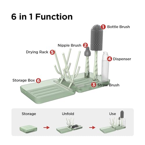 YOTIME Travel Bottle Brush Set, Auto-Open Rack & Vertical Brushs Drying Slots, 3 Brushes, Foldable Drying Rack, Dispenser, Travel Baby Essentials for On-The-Go Parents, Transparent Green - color: Transparent Green