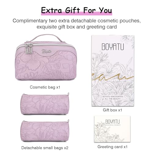 BOYATU Travel Makeup Bags Cosmetic Organizer Bag: 3-Set Large Capacity Make up Bag - PU Leather Toiletry Bags for Women - Wide Open Portable Pouch with Divider & Handle (01-Z-Light Purple) - color: 01-Z-Light Purple