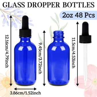 STARSIDE 48-Pack 2oz Leakproof Blue Glass Dropper Bottles | 60ml Empty Tincture Bottles for Essential Oils & Craft Use, Includes Funnels, Brushes, Labels, Droppers & Measuring Cup - color: 2oz-Blue-48pcs