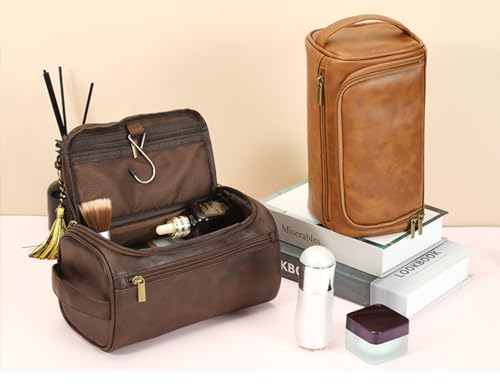Toiletry Bag for Men, Travel Shaving Dopp Kit Water-resistant Bathroom Toiletries Organizer PU Leather Cosmetic Bags - color: brown
