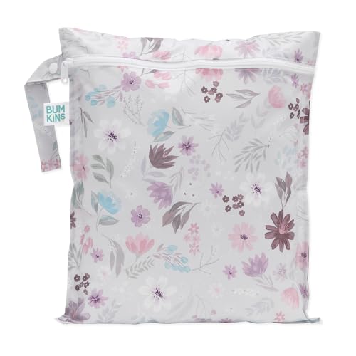 Bumkins Waterproof Wet Bag for Baby, Travel, Swim Suit, Cloth Diapers, Pump Parts, Pool, Beach, Gym Clothes, Toiletry, Hook to Stroller, Daycare, Zipper Reusable Wetdry Packing Pouch, Florals Gray - color: D2 Floral, style: Wet Bag