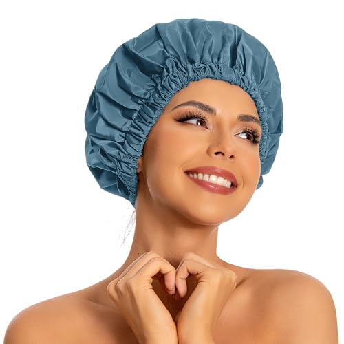 Edoneery Reusable Shower Caps for Women, Waterproof Long Hair Bonnet | Washable Design, Wide Elastic Band, Large Fit, Holds Long Hair, Braids Friendly, Bath Accessories, Spa, Travel - color: Haze Blue