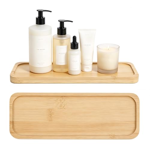 Small Bamboo Tray for Bathroom Counter Dispenser,3.4" x 9.3" x 0.3" | Bathroom Countertop Organizer,Decorative Display Trays for Vanity, Plants, Candles, Keys, Soap, Jewelry, Tealight Plates - size: 9.3" x 3.4" x 0.3"