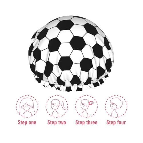Sport Football Pattern Shower Cap For Women Reusable Waterproof Double Layers Bath Cap Hair Protection Elastic Ladies Spa Salon Shower Hat - color: Football Pattern