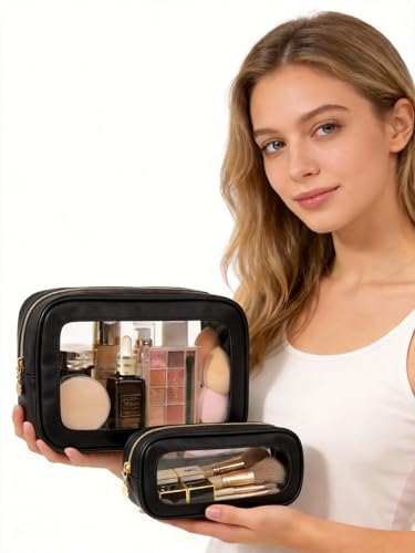 2Pcs Clear Makeup Bags Set, Clear Travel Makeup Brush Holder Leather Makeup Case Toiletry Bag with Zipper Portable Cosmetic Pouch Waterproof Makeup Brush Storage Bag Car Bag for Essentials - color: 2Pcs Black