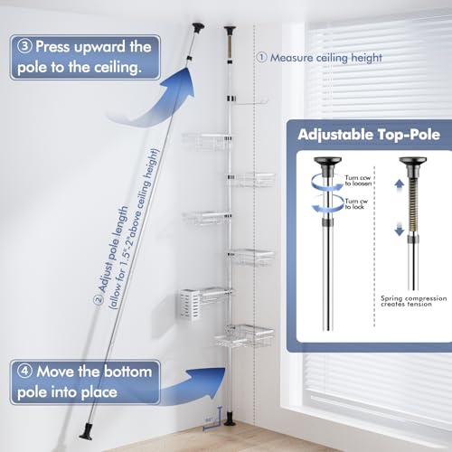 Vatex Shower Caddy Corner Tension Pole, Stainless Steel Rustproof 6 Shelves Bathroom Organizer with Towel Bar & Toothbrush Holder, Adjustable Shower Shelf for Renters - Family Stand Storage Rack - color: Silver