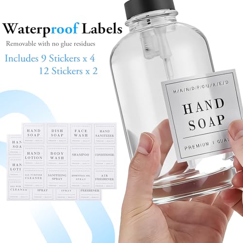 Glass Soap Dispenser with Pump,Tray,Funnel, Countertop Soap and Lotion Dispenser Set of 2, Dish and Hand Soap Dispenser Bottle for Kitchen,Bathroom,Shower, with 60 Stickers, 500ml/16.9oz - color: Blk-5010-2b