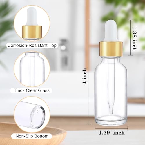24 Pack 1oz Clear Glass Bottles with Golden Top Eye Droppers for Essential Oils, Perfumes & Lab Chemicals (Brush, Funnels, 2 Extra Droppers, 36 Pieces Labels & 30ml Measuring Cup Included) - color: Clear-Gold Cap