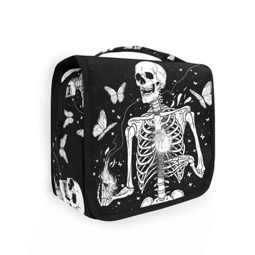 MNSRUU Hanging Toiletry Bag Gothic Skull and Butterflies Travel Makeup bag for Toiletries Portable Travel Toiletry Organizer Cosmetic Bags with Hanging Hook - color: Skull A10819