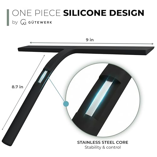 GÜTEWERK Silicone Shower Squeegee for Glass Doors & Mirrors with Stainless Steel Core, Streak-Free & No-Squeak Window Cleaning, 3-in-1 No-Drill Mount (Hook/Suction/Adhesive), Black, 9'' - color: Black, size: 9 Inches