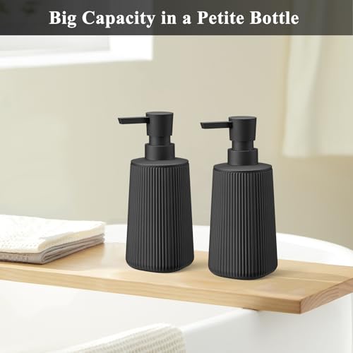 Black Hand Soap Dispenser with No Rust Pump for Bathroom and Kitchen Countertops Refillable Striped Matte Plastic 8.5 oz - color: Black