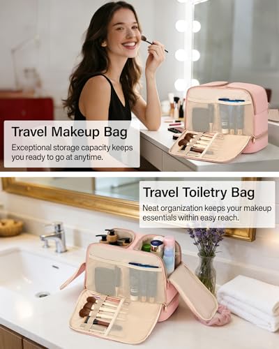 Hanke Travel Toiletry Bag, Lightweight Wide-open Large Toiletry Bags for Women, Dual-Layer Makeup Bag Water-Resistant Cosmetic Travel Bag with Handle for Accessories, Essentials, Pink - color: Pink