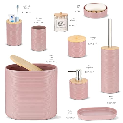 IMAVO Bathroom Accessory Set-11Pcs Pink Bathroom Accessories Set with Trash Can,Soap Dispenser,Soap Dish,Toothbrush Holder,Toothbrush Cup,Toilet Brush Holder,Qtip Holder Dispenser with Labels - color: Pink, size: 11 PCS Bathroom Set