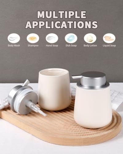 BosilunLife Hand Soap Dispenser - Beige & Grey 12Oz Ceramic Soap Dispenser Bathroom Refillable Liquid Dispenser for Dish Soap with Easy-to-Press Pump - color: Beige With Silver Pump