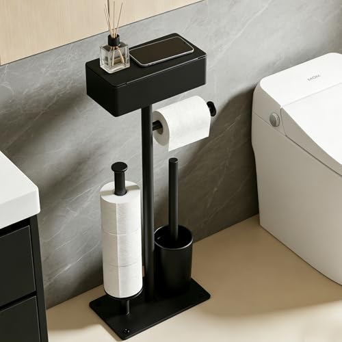 Freestanding Toilet Paper Holder Stand with Shelf for 7 Rolls, Free Standing Black Toilet Paper Roll Holder with Wipes Storage Drawer, Rustproof Metal Floor Bathroom Tissue Holder for Bathroom - size: Style 2