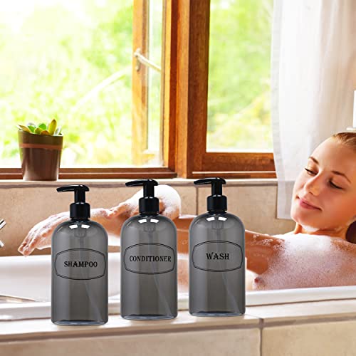 16 oz Plastic Shampoo Conditioner Wash Pump Dispensers (Gray) | lotion pumps, refillable, reusable, high-viscosity, bottle set, shower bottles - color: Gray