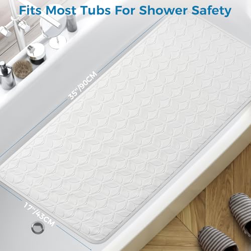 Bathtub Mat Non Slip with Suction Cups - 100% Rubber Bathroom Mat Textured for Bath Tub Shower Safety - Soft on Touch - BPA/PVC Free - Pet Dog Bath Mat - Machine Washable - 17 × 35 Inch（White） - color: White (Opaque), size: 35" x 17" (Rectangular)