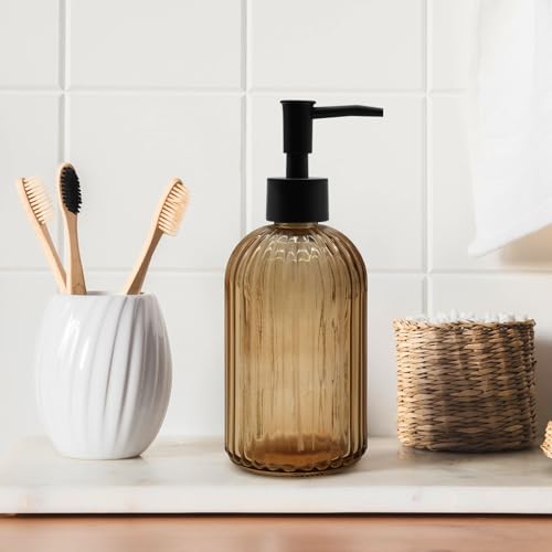 2 Pack 14oz Amber Glass Soap Dispenser with Black Pump – Refillable for Hand Soap, Dish Soap, Lotion, Suited for Kitchen, Bathroom & Laundry Room (Brown) - color: Brown