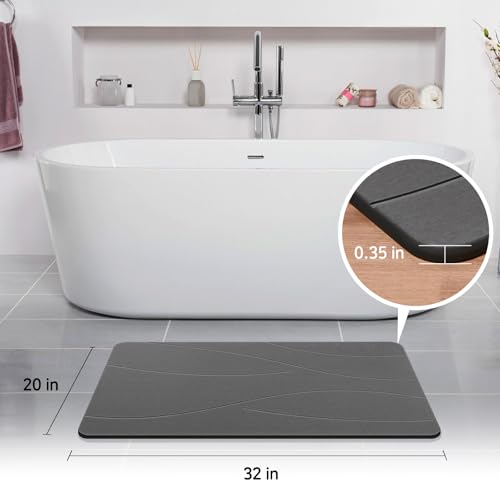 32"x20" Stone Bath Mat, Diatomaceous Earth Shower Mat, Non-Slip Bathroom Floor Mat, Natural, Easy to Clean (Dark Grey)
