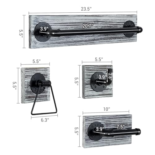 MyGift 4 Piece Wall Mounted Bathroom Hardware Set, Rustic Torched Wood and Industrial Matte Black Metal Pipe Towel Ring, Robe Hook, Toilet Paper Holder and Towel Bar - color: Torched Wood
