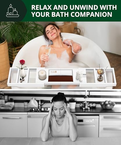 ROYAL CRAFT WOOD Premium Foldable Bathtub Tray Caddy - Wood Bath Tray for Tub, Bamboo Shelf, Expandable Bath Table Trays, Bathtub & Bathroom Accessories for New Home & Mothers, Birthday Gifts for Mom - color: White