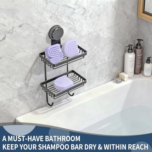 Shampoo Bar Holder Compatible with Kitsch, 2-Tier Self-Draining Shower Caddy with Suction Cup, Hanging Shampoo Bar and Conditioner Organizer with 2 Hooks, Rust-Free Bathroom Wall Accessories