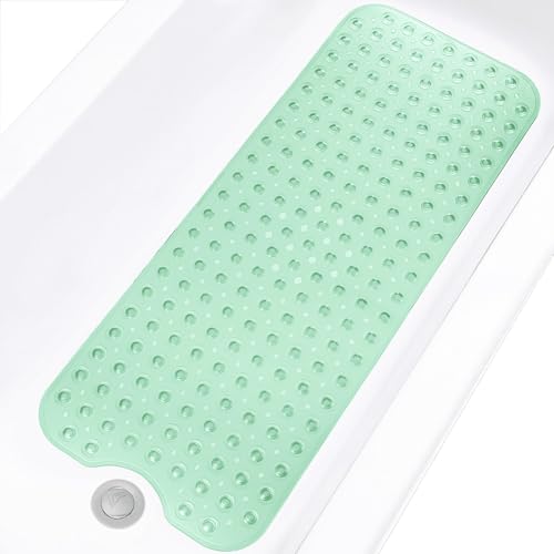Bathtub and Shower Mats, Extra Long Non-Slip Bath Tub Mat 39 x 16 Inch, Machine Washable BathMat with Suction Cups & Drain Holes for Bathroom Floor, Clear Pale Green - color: Clear Pale Green