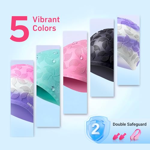 Women Swim Cap 2 Pack for Long Hair, Silicone Flower Adult Swimming Caps Waterproof for Girl Youth No Wet Hair - color: Mint & Purple