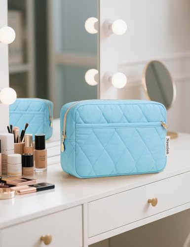 Noozion Makeup Bag Travel Toiletry Bag, Puffy Padded Cosmetic Bag for Women, Makeup Organizer Case, Wide-open Pouch Purse, Travel Essentials - color: Blue