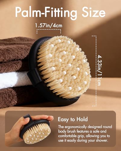 Dry Brushing Body Brush for Massage - Natural Boar Bristle Exfoliating Brush with Massage Nodes for Lymphatic Drainage, Cellulite, Blood Circulation Improving Skin Health for Women Men Elderly(Black) - size: Round 4.3 in-Black