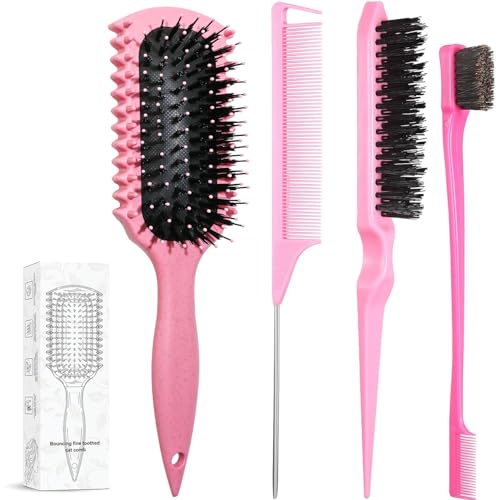 Curl Defining Brush, Curly Hair Brush Products With 3 Pcs Slick Back Hair Brush Set Bristle Brush Edge Control Teasing Comb for women (Pink) - color: pink