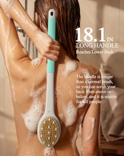 Shower Brush for Massage Dry Brushing: Back Scrubber for Shower with 18.1 in Anti Slip Long Handle - Bath Body Brush for Lymphatic Drainage Exfoliator Improving Skin Health for Women Men Elderly Green - size: Long Handle 18.1 in-Light Green