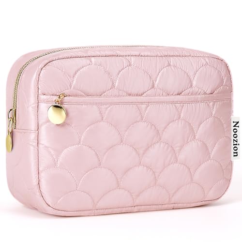 Noozion Makeup Bag Travel Toiletry Bag, Puffy Padded Cosmetic Bag for Women, Makeup Organizer Case, Wide-open Pouch Purse, Travel Essentials - color: Shiny Pink