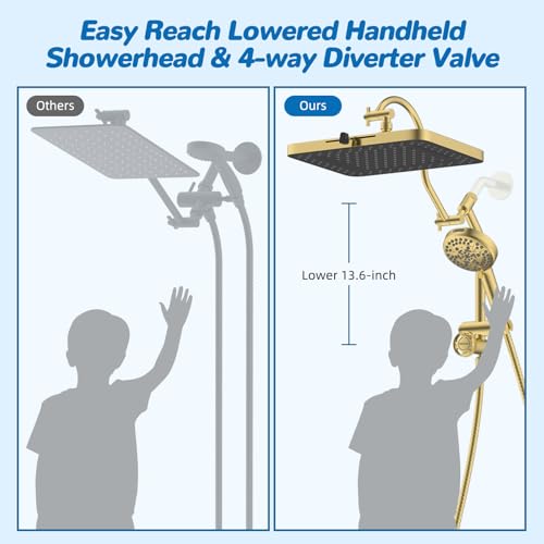 Hibbent cUPC Certified 13'' Shower Head Combo, High Pressure 5 Spray Rainfall Showerhead, 10 Spray Handheld, All Metal Easy Reach 4-way Diverter Arm with Pause Mode, 71'' Hose and Holder, Brushed Gold - color: Brushed Gold, style: Square 13"